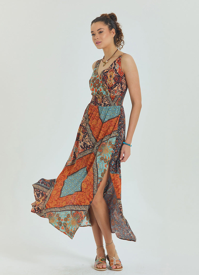 V Neck Robe Coffee Patterned Long Dress 4558