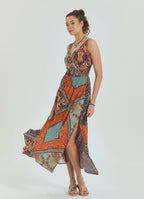 V Neck Robe Coffee Patterned Long Dress 4558