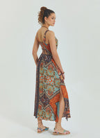 V Neck Robe Coffee Patterned Long Dress 4558