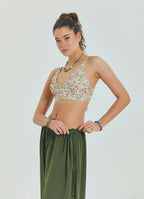 Lace Up Open Back Adjustable Beige Floral Blouse 4650