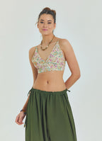 Lace Up Open Back Adjustable Beige Floral Blouse 4650