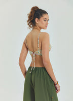 Lace Up Open Back Adjustable Beige Floral Blouse 4650