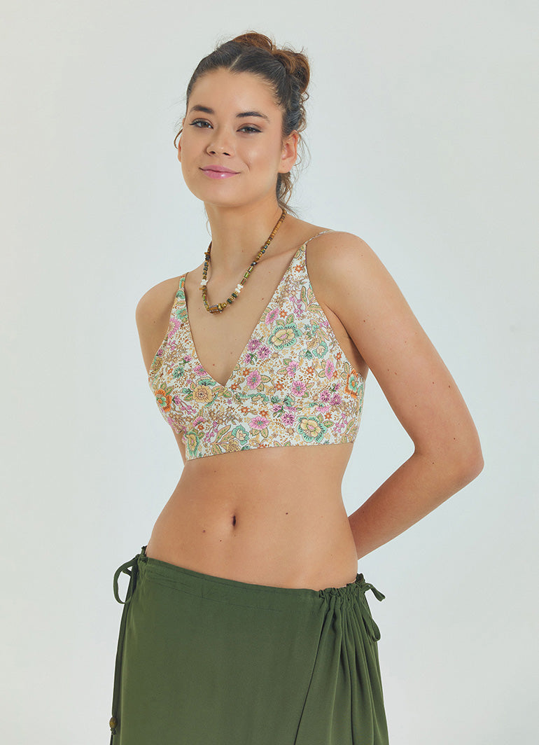 Lace Up Open Back Adjustable Beige Floral Blouse 4650