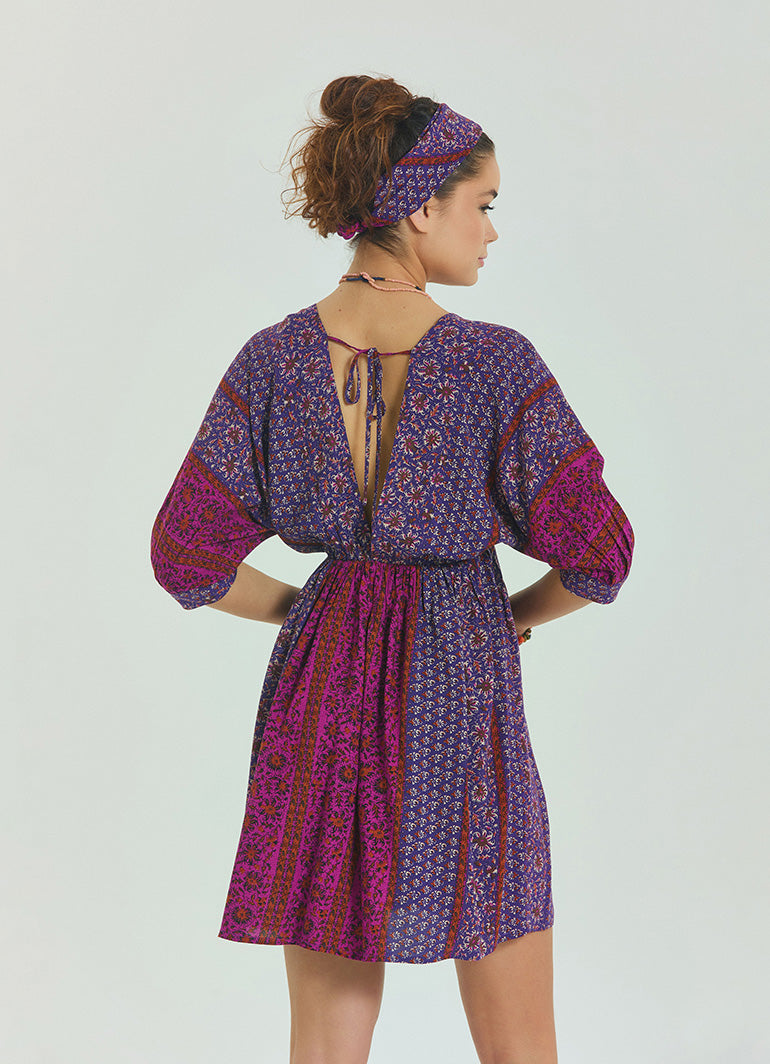V Neck Elastic Waist Backless Purple Flower Dress 4566