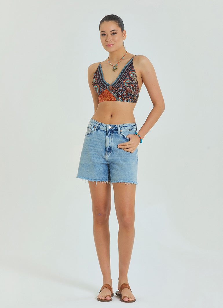Lace Up Open Back Adjustable Brown Crop Blouse 4653