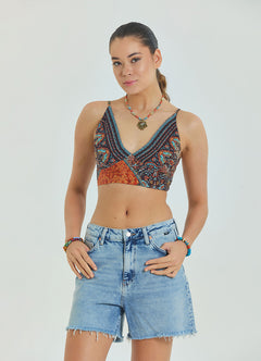 Lace Up Open Back Adjustable Brown Crop Blouse 4653
