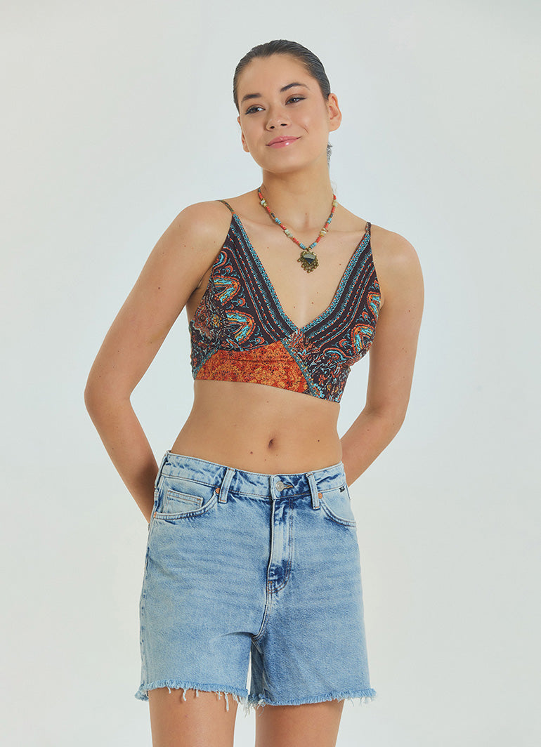 Lace Up Open Back Adjustable Brown Crop Blouse 4653