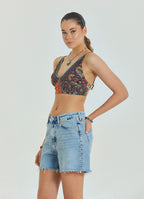 Lace Up Open Back Adjustable Brown Crop Blouse 4653