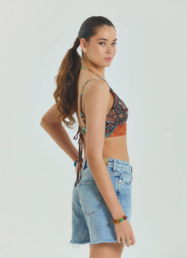 Lace Up Open Back Adjustable Brown Crop Blouse 4653