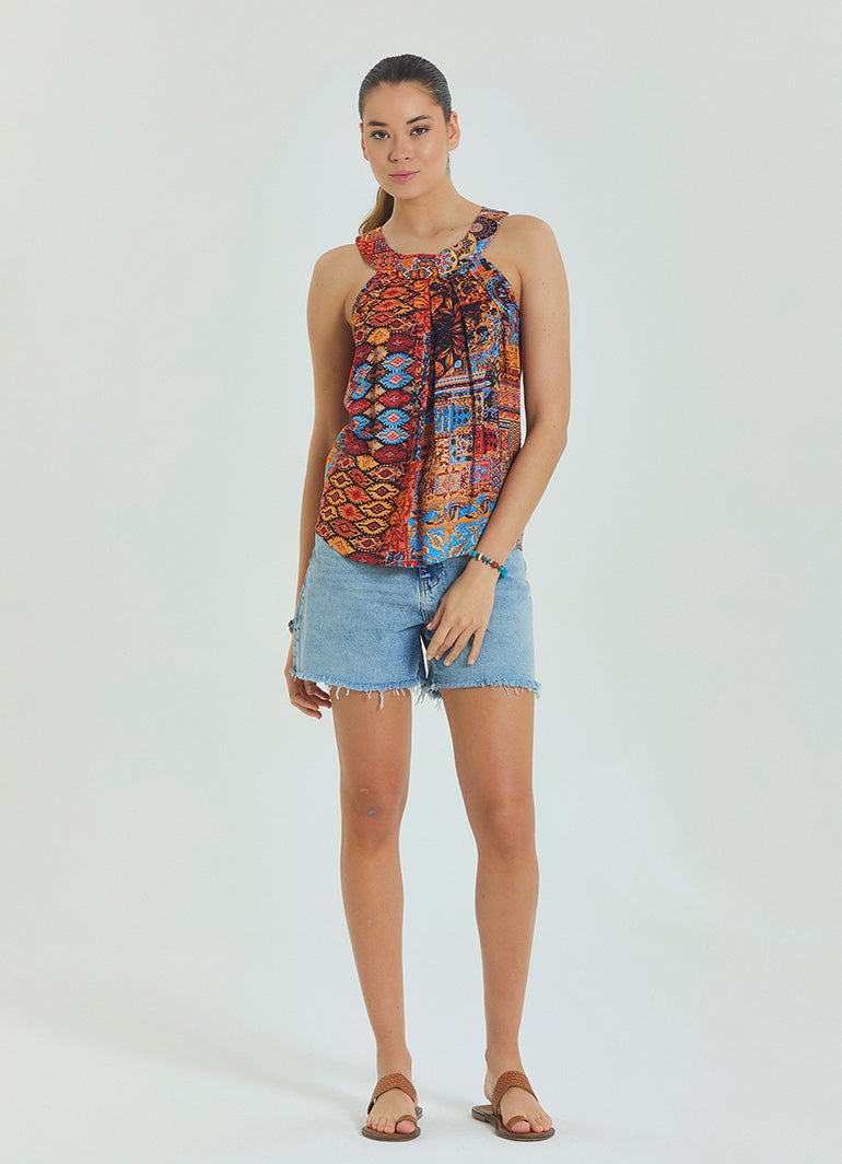 Halter Neck Button Detail Pleated Orange Authentic Blouse 4677