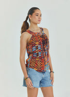 Halter Neck Button Detail Pleated Orange Authentic Blouse 4677