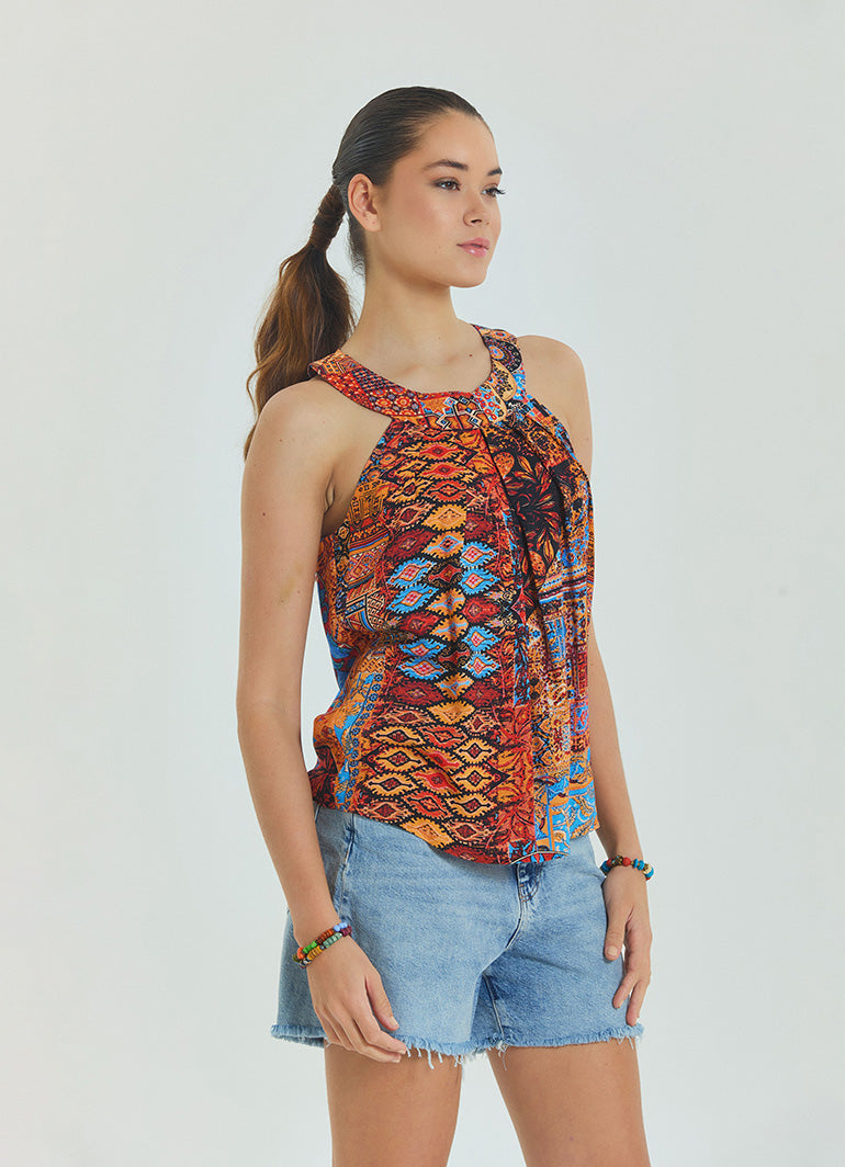 Halter Neck Button Detail Pleated Orange Authentic Blouse 4677