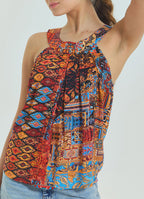 Halter Neck Button Detail Pleated Orange Authentic Blouse 4677
