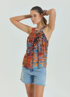 Halter Neck Button Detail Pleated Orange Authentic Blouse 4677