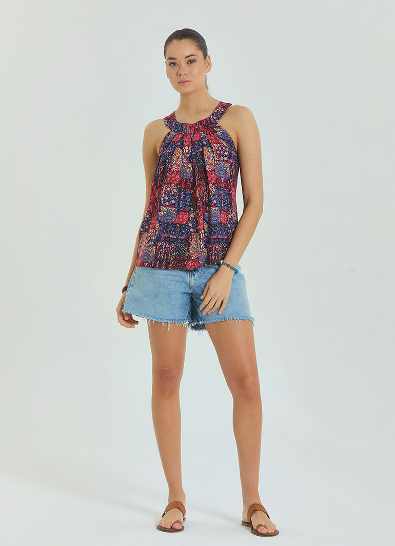 Halter Neck Button Detail Pleated Red Ethnic Blouse 4678