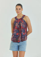 Halter Neck Button Detail Pleated Red Ethnic Blouse 4678