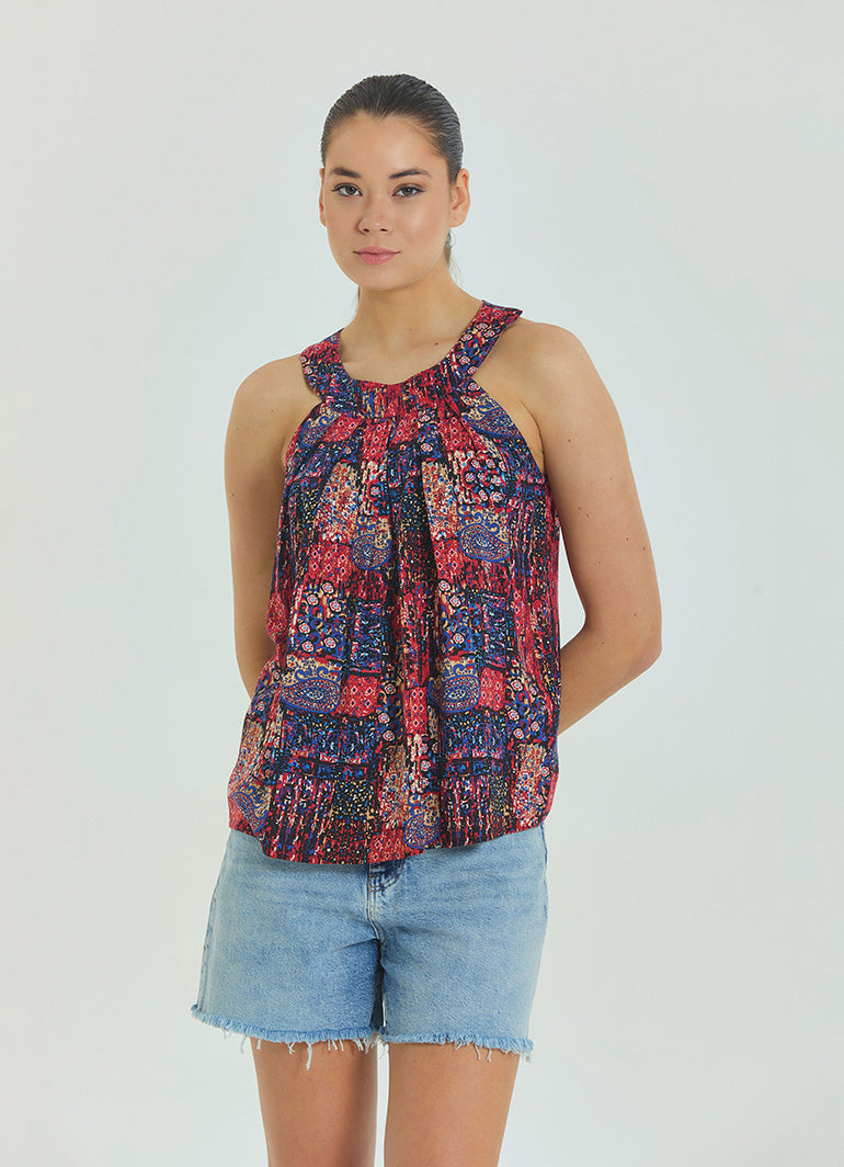 Halter Neck Button Detail Pleated Red Ethnic Blouse 4678