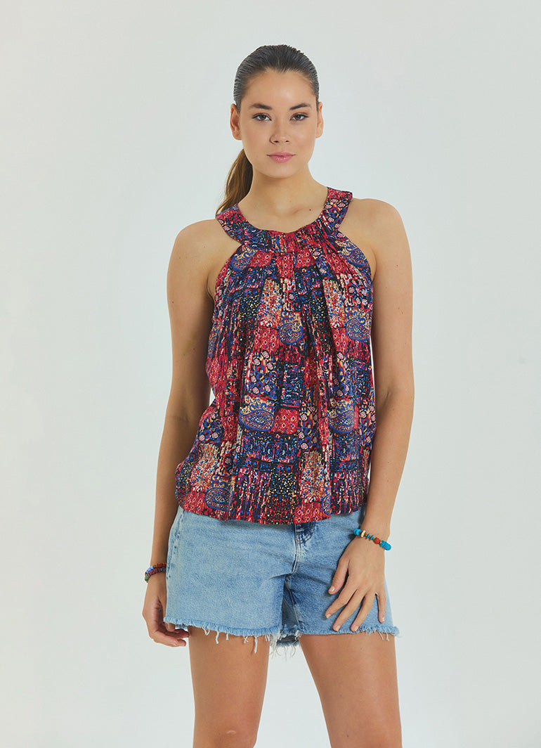 Halter Neck Button Detail Pleated Red Ethnic Blouse 4678
