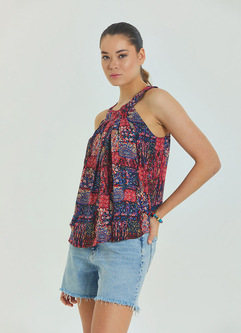 Halter Neck Button Detail Pleated Red Ethnic Blouse 4678
