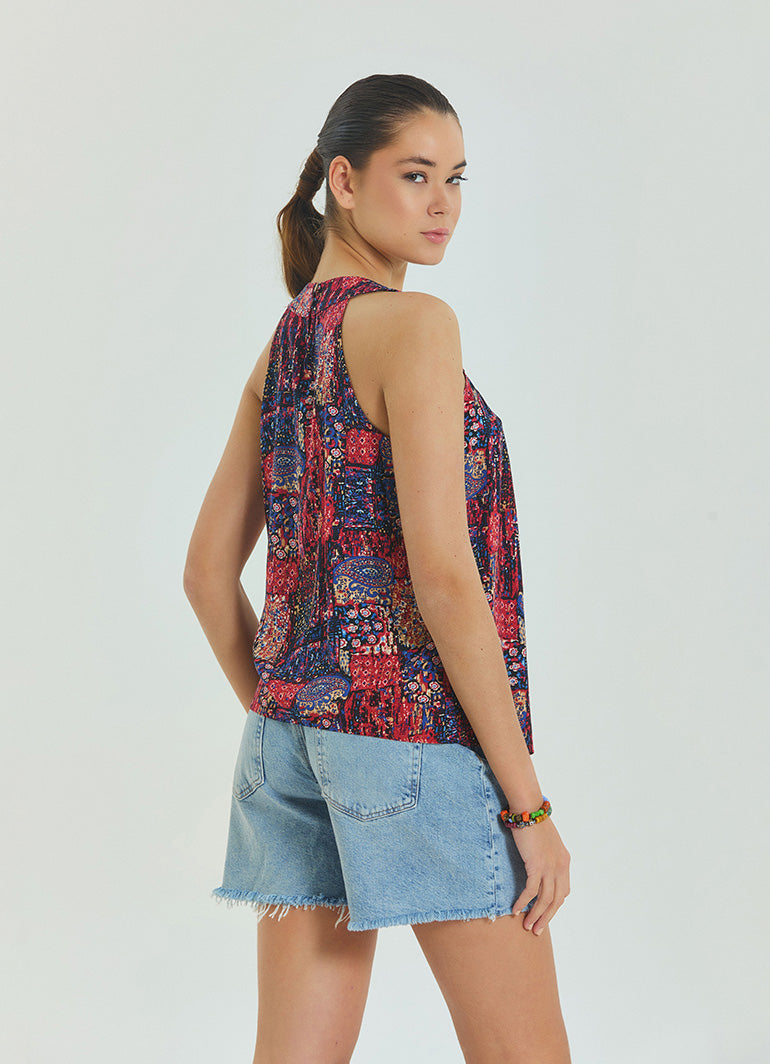 Halter Neck Button Detail Pleated Red Ethnic Blouse 4678