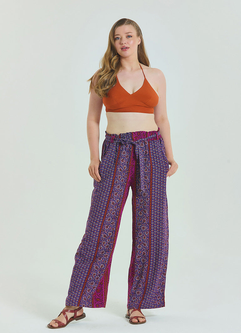 Purple Women's Plus Size Trousers with Elastic Waist Belt Detail 4618