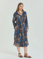 Shirt Collar Belt Detailed Blue Bohemian Plus Size Dress 4613