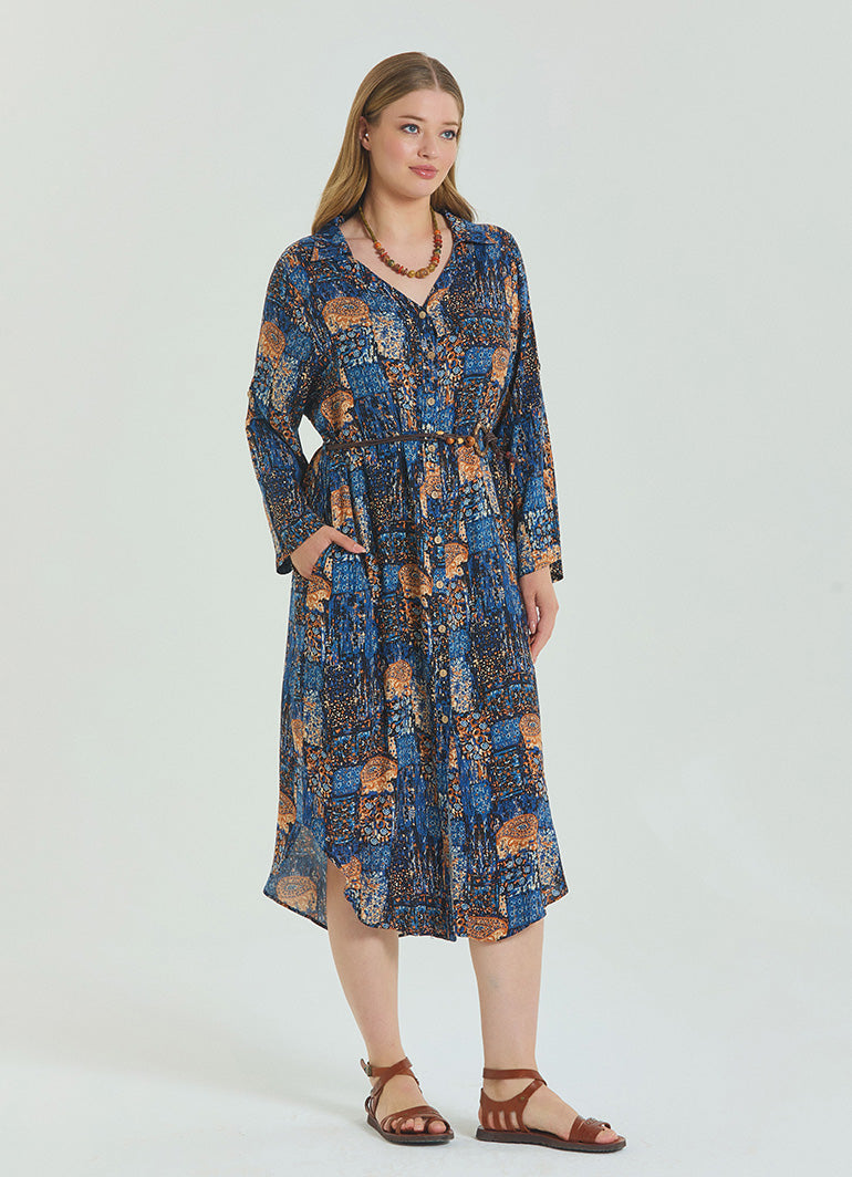 Shirt Collar Belt Detailed Blue Bohemian Plus Size Dress 4613