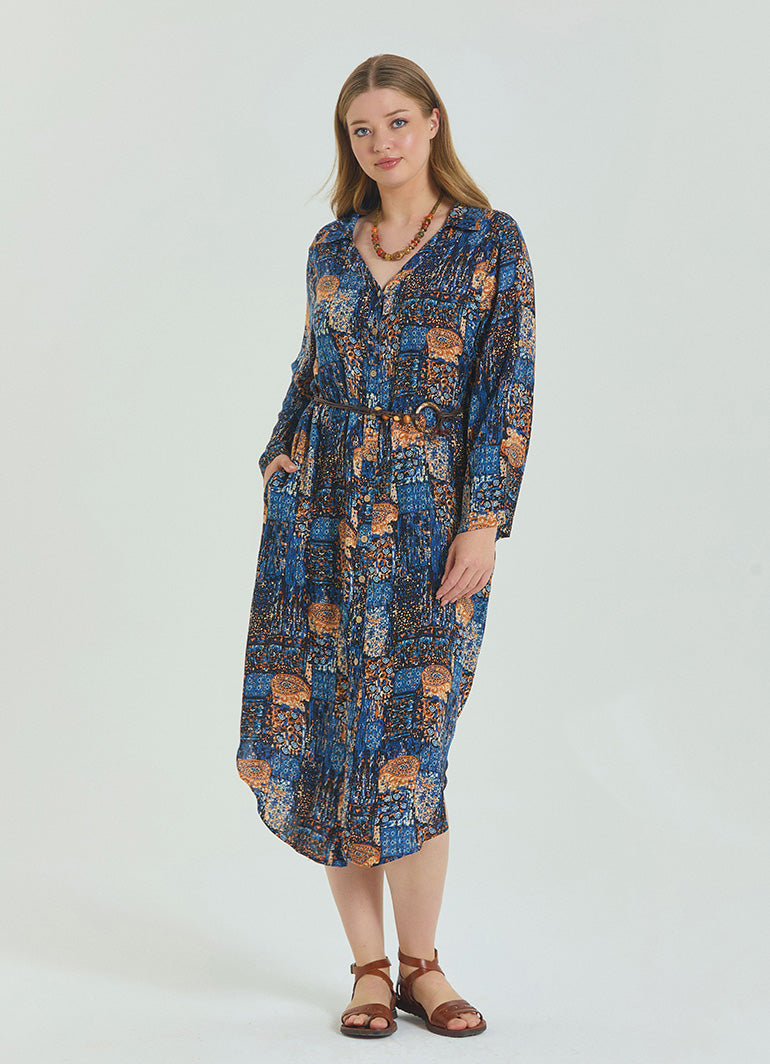 Shirt Collar Belt Detailed Blue Bohemian Plus Size Dress 4613