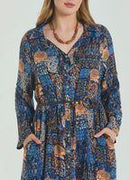 Shirt Collar Belt Detailed Blue Bohemian Plus Size Dress 4613