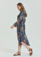 Shirt Collar Belt Detailed Blue Bohemian Plus Size Dress 4613