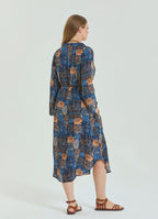 Shirt Collar Belt Detailed Blue Bohemian Plus Size Dress 4613