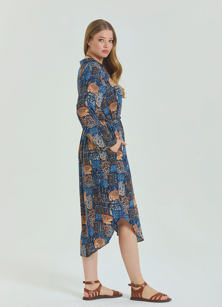 Shirt Collar Belt Detailed Blue Bohemian Plus Size Dress 4613