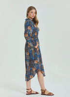 Shirt Collar Belt Detailed Blue Bohemian Plus Size Dress 4613