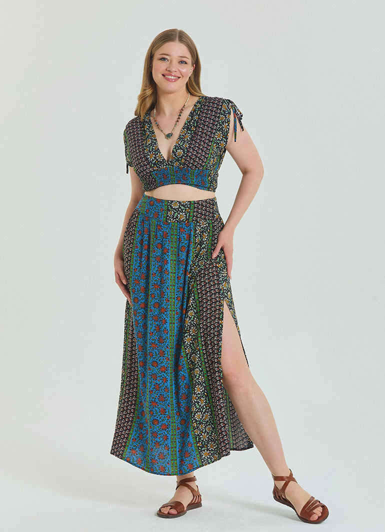 Navy Blue Plus Size Skirt with Elastic Waist and Slit 4625