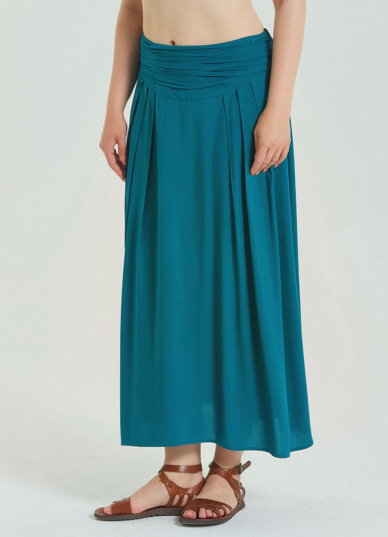 Elastic Waist Drape Detailed Petrol Plus Size Skirt 4601
