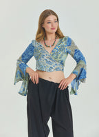 Tied Spanish Sleeve Blue Plus Size Blouse 4624