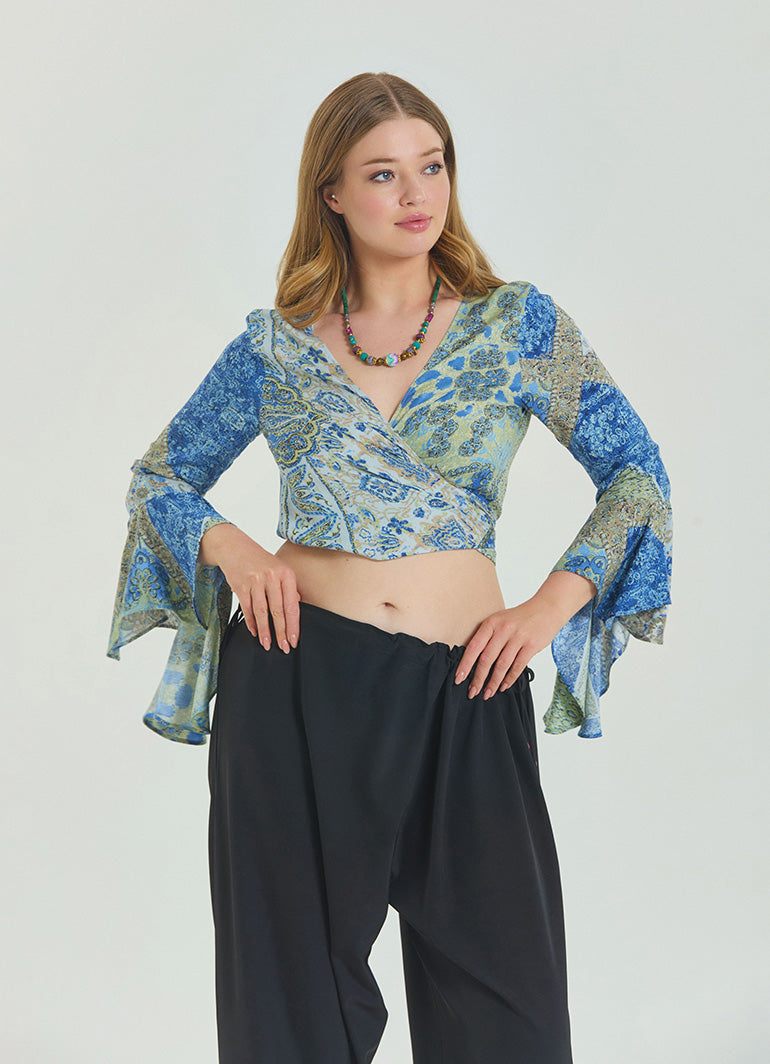 Tied Spanish Sleeve Blue Plus Size Blouse 4624
