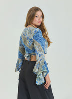 Tied Spanish Sleeve Blue Plus Size Blouse 4624