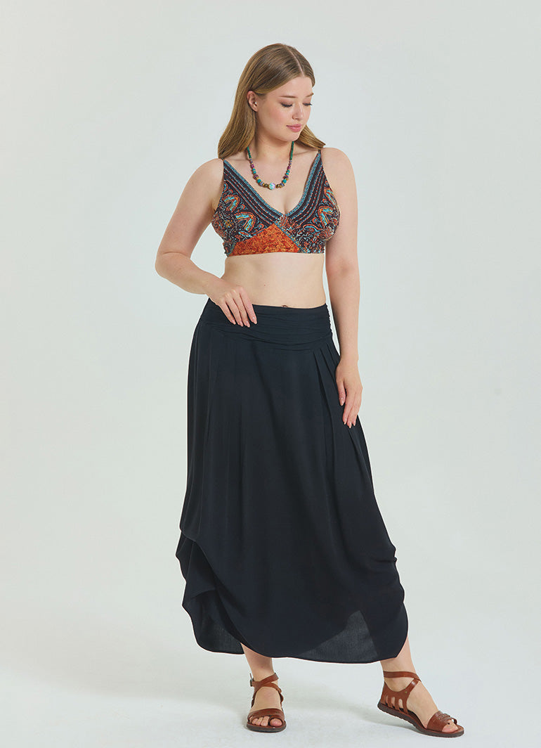 Black Plus Size Skirt with Elastic Waist and Drape Detail 4600