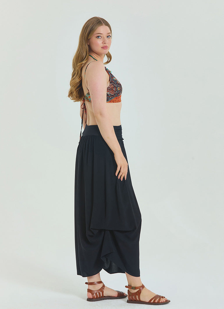 Black Plus Size Skirt with Elastic Waist and Drape Detail 4600