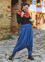 Shirred Waist Elastic Hem Indigo Winter Harem Pants