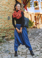 Shirred Waist Elastic Hem Indigo Winter Harem Pants