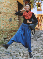 Shirred Waist Elastic Hem Indigo Winter Harem Pants