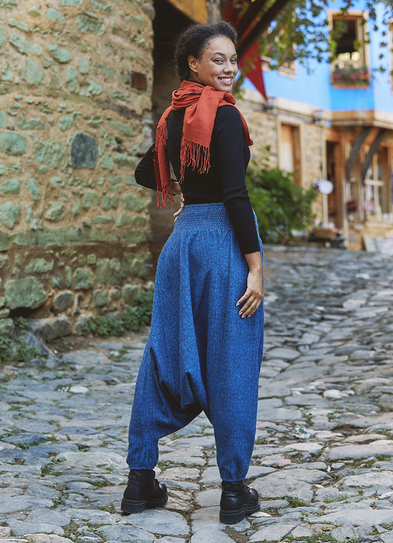 Shirred Waist Elastic Hem Indigo Winter Harem Pants