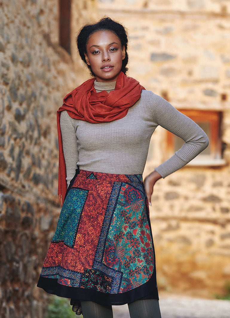 Ethnic Patch Print Cotton Short Wrap Skirt
