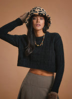 Round Neck Black Cable Knit Crop Sweater