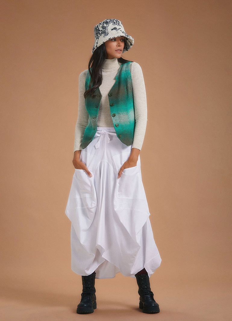 Oversized Pocket Detailed Tie Waist Boho Chic White Long Skirt