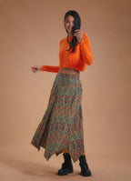 Ethnic Printed Asymmetrical Hem Flared Midi Skirt
