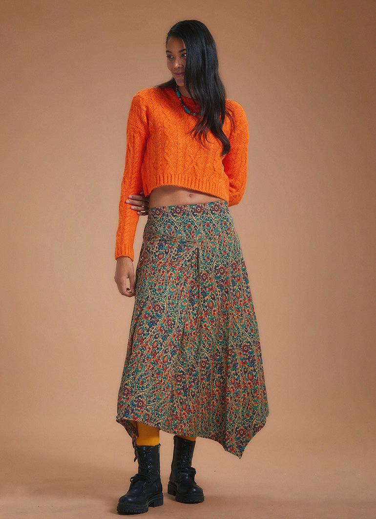 Ethnic Printed Asymmetrical Hem Flared Midi Skirt