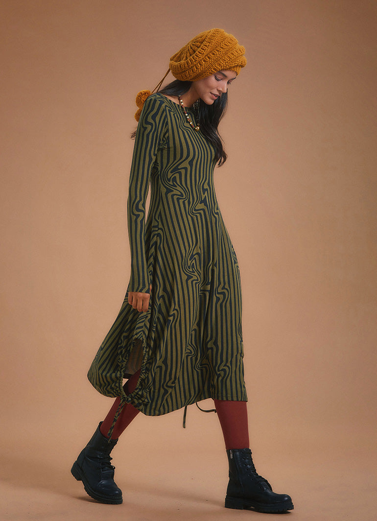 Boat Neck Thumb Hole Side Strings Khaki Pattern Dress